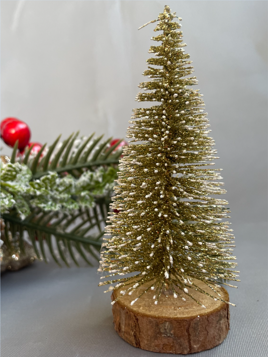 Ёлка настольная новогодняя, золотистая, высота 10см, на деревянной подставке — фото 1