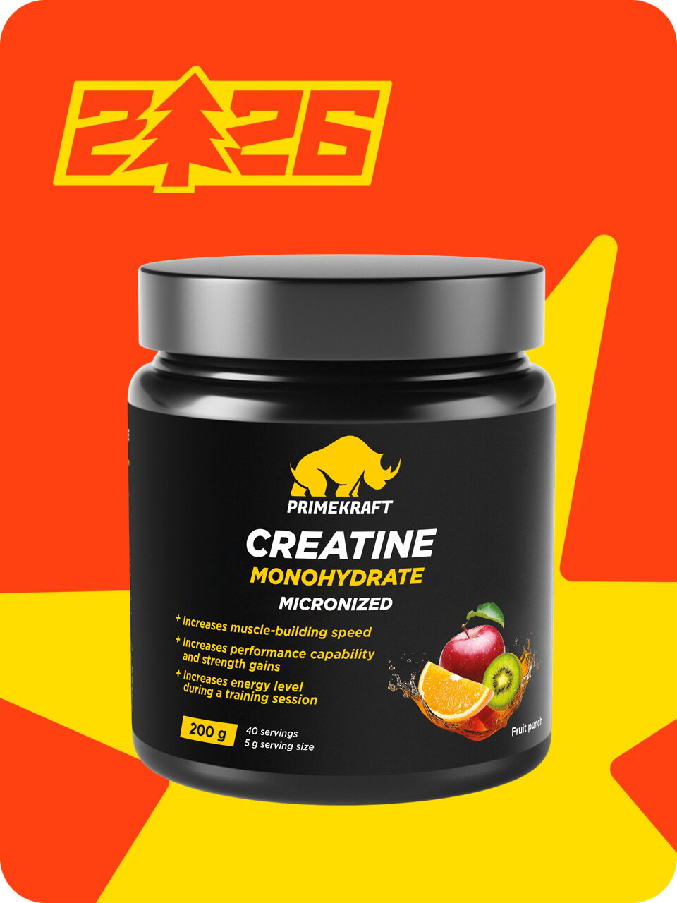 Креатин моногидрат Creatine Primekraft, 200 г, 40 порций, фруктовый пунш, для набора мышечной массы