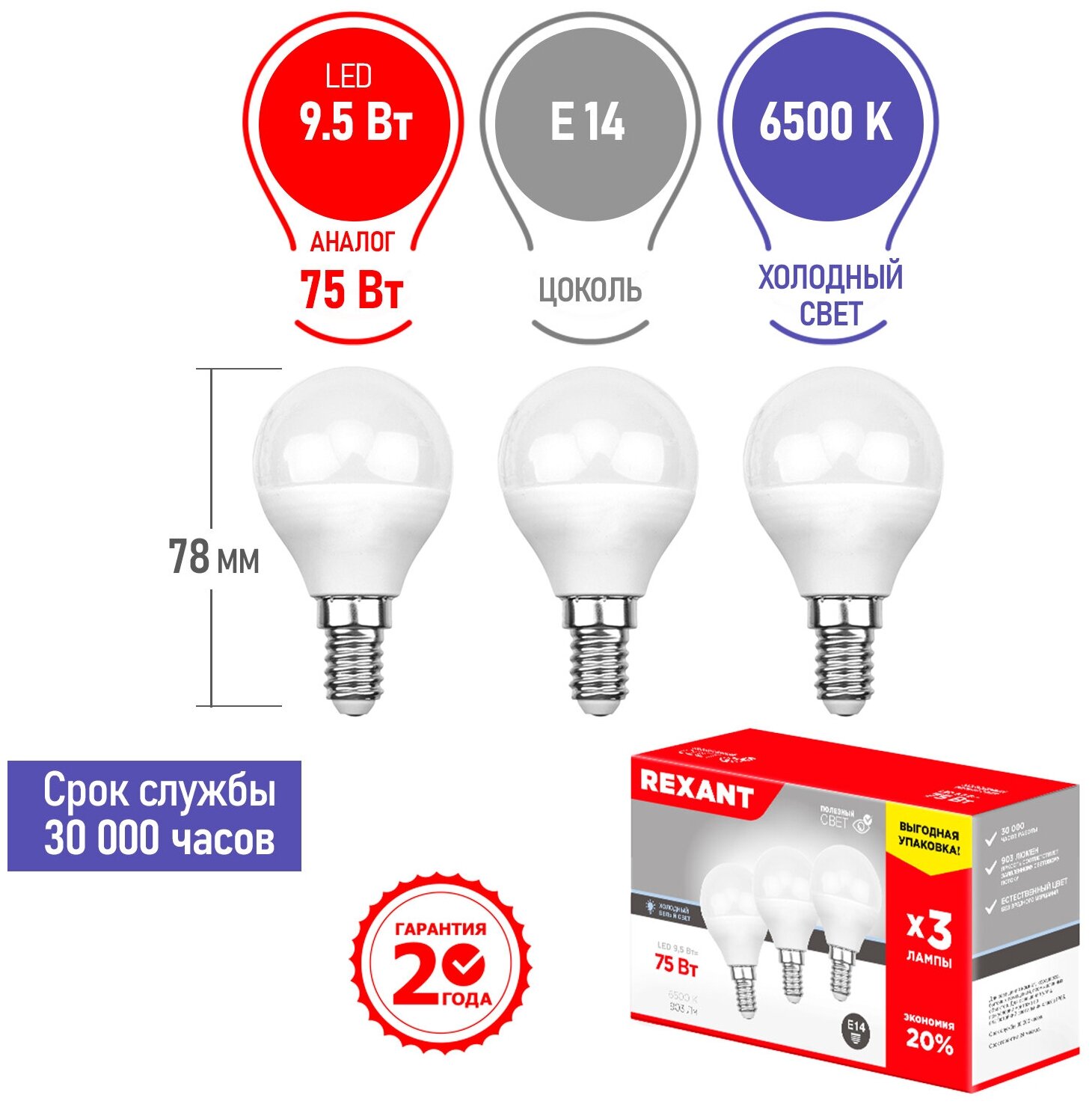 Лампа светодиодная REXANT Шарик (GL) 9.5 Вт E14 903 Лм 6500 K холодный свет (3 шт./уп.)