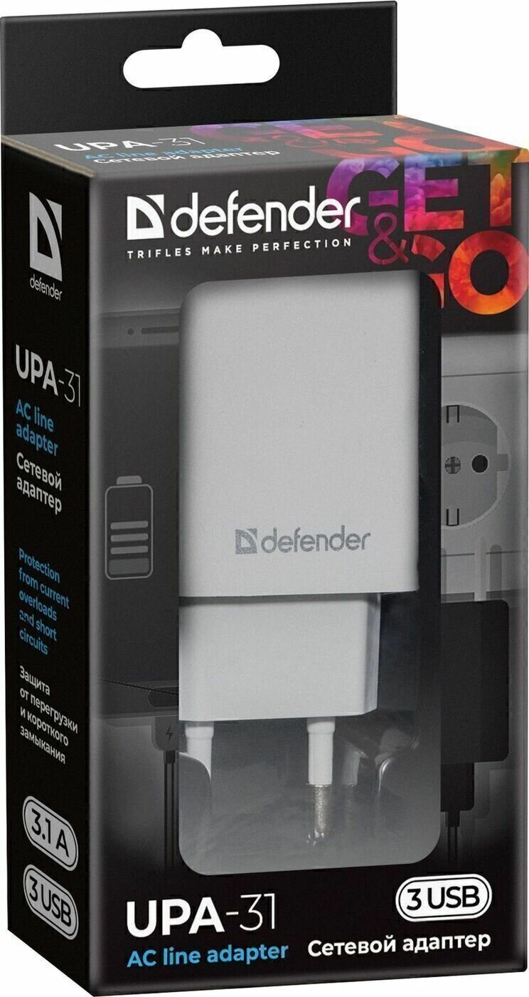 Сетевой адаптер Defender UPA-31 белый, 3xUSB, 5V/3.1А