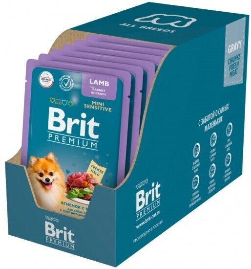 Корм влажный Brit Premium для взрослых мини собак с чувствительным пищеварением ягненок с морковью в соусе 14шт.*85г