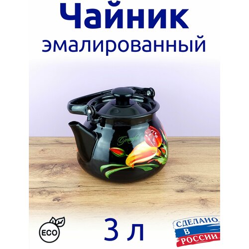 Чайник эмалированный 3,0 л Черный, с рисунком, сферический