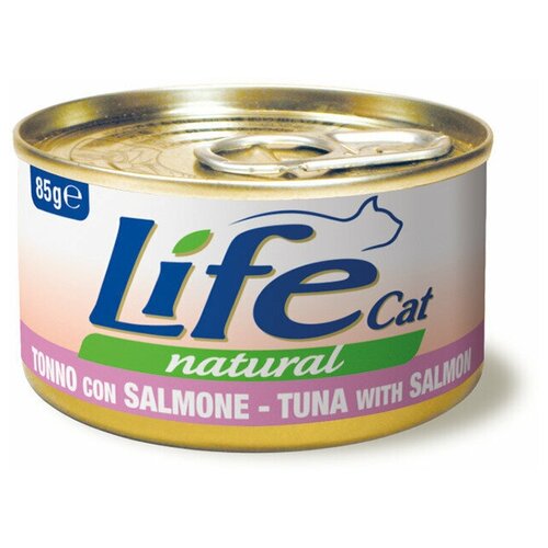 Влажный консервированный корм Lifecat chicken для кошек, тунец с лососем в бульоне, 85гр, 9шт