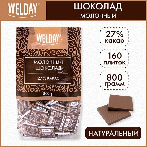 Шоколад порционный WELDAY Молочный 27%, 800г (160 плиток по 5г), пакет, 622406