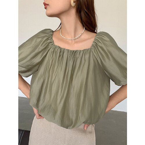 фото Блуза dorizori, нарядный стиль, свободный силуэт, короткий рукав, полупрозрачная, однотонная, размер one size, зеленый