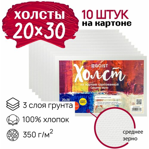 Грунтованный холст на картоне 20х30 см Egoist, набор холстов 10 штук, 100% хлопок, плотность 350 г/м2.