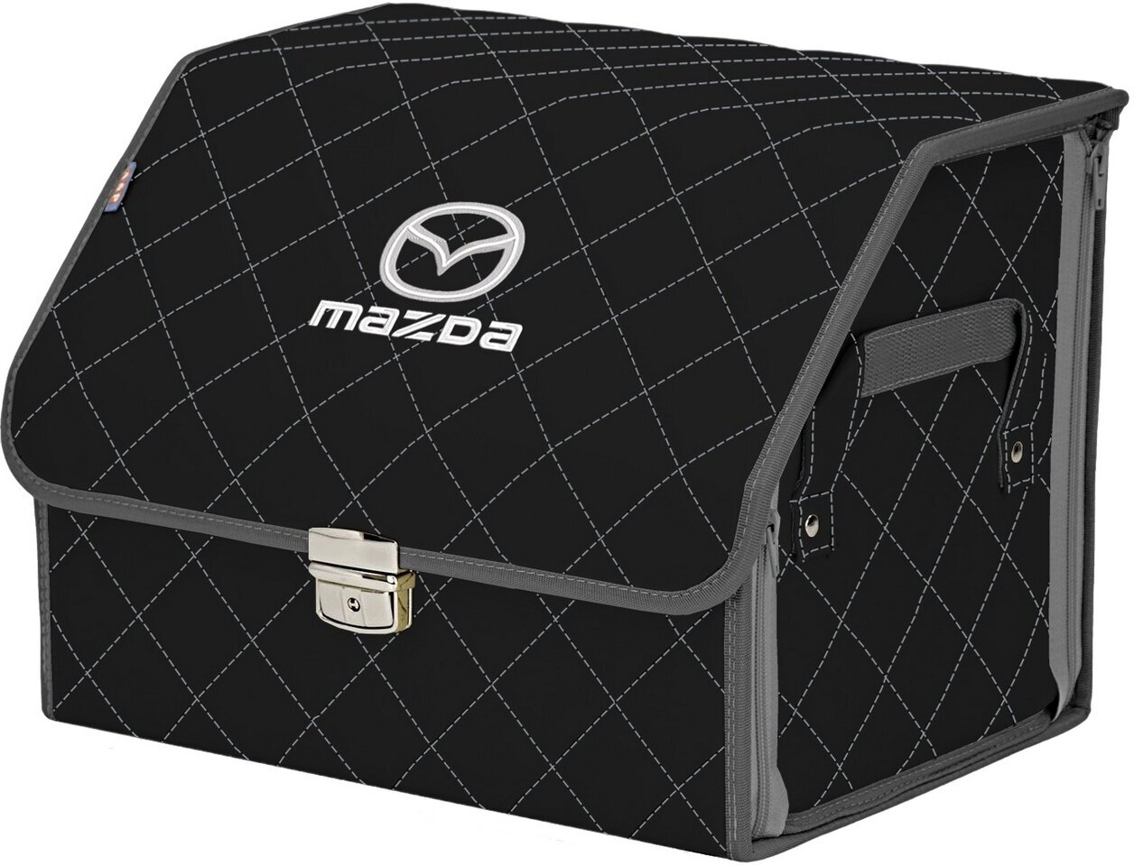Органайзер-саквояж в багажник "Союз Премиум" (размер M). Цвет: черный с серой прострочкой Ромб и вышивкой Mazda (Мазда).