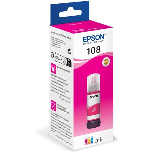 epson c13t09c34a картридж 108 ecotank ink для epson l8050 l18050 magenta 70ml Контейнер с чернилами Epson №108 оригинальный, цвет пурпурный, 70 мл, для L8050, L18050