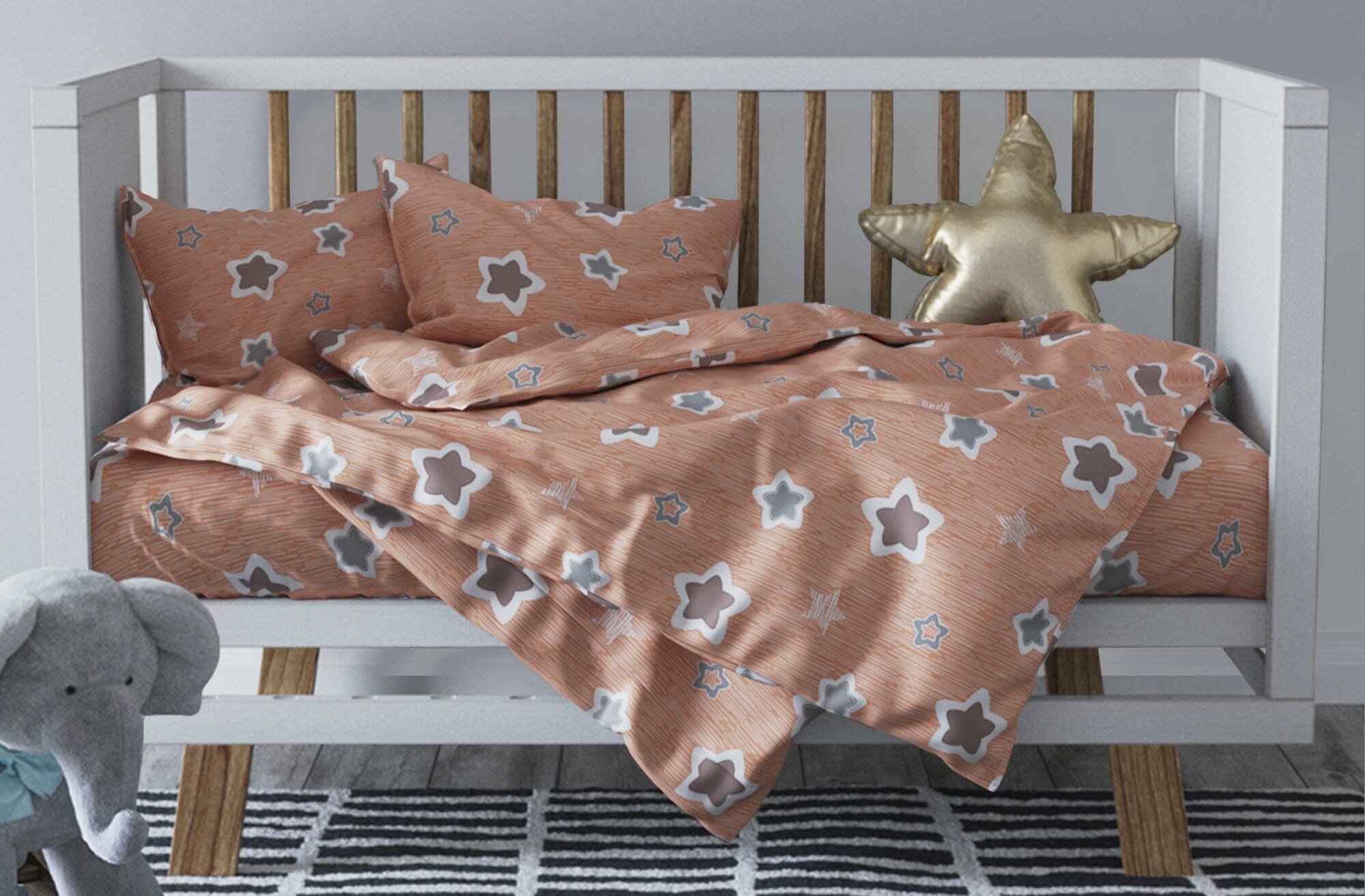 Детское постельное белье бязь звездочки вид 5 персиковый Ясли (в детскую кроватку)