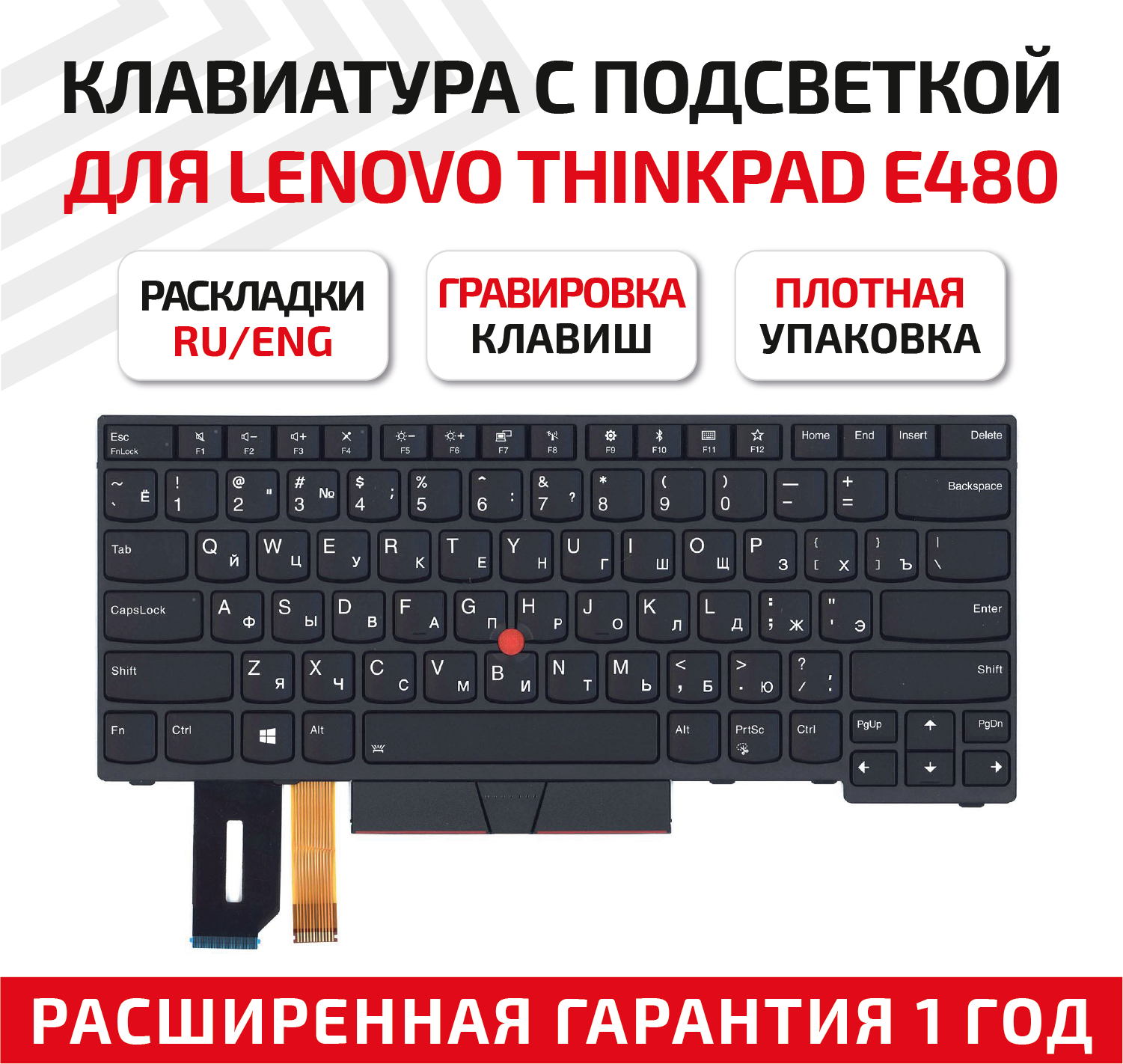 Клавиатура (keyboard) 01YP360 для ноутбука Lenovo ThinkPad Edge E480, E485, L480, T480S, T490, T490S, T495, L380, L390, L480, черная с подсветкой