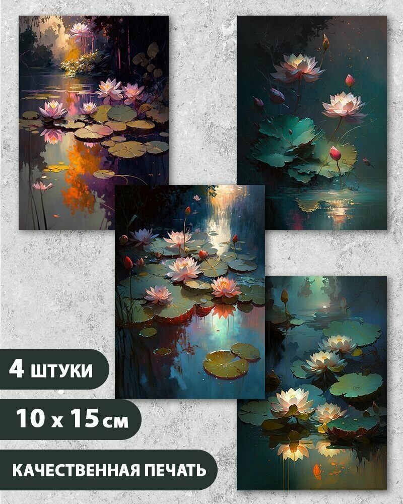 Набор открыток "Цветы Лотосы. Водяная лилия", 10.5 см х 15 см, 4 шт, InspirationTime, на подарок и в коллекцию