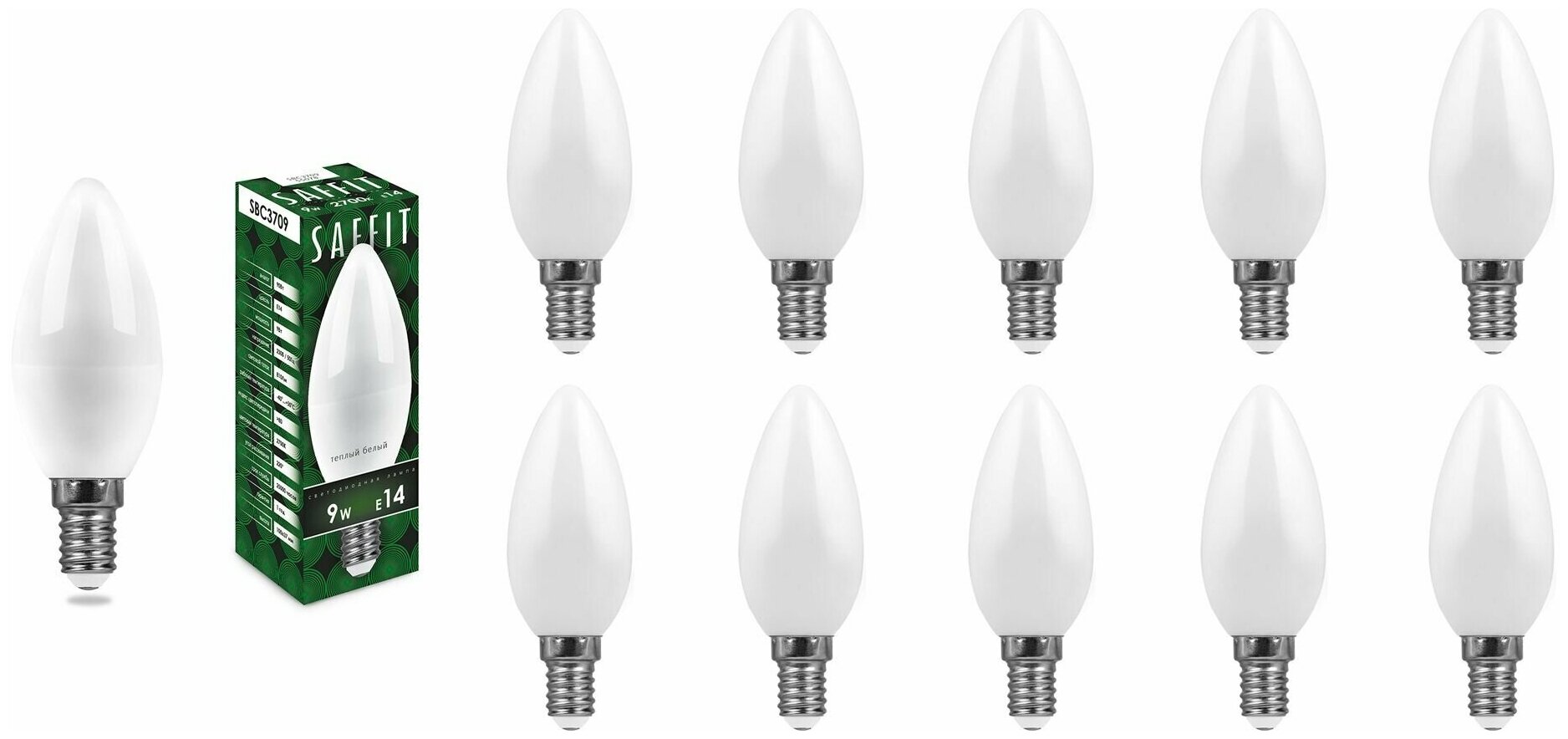 Лампочка светодиодная Saffit 9W=90W 230V E14 Свеча C37 810Лм Ra>80 2700К, упаковка 10шт.