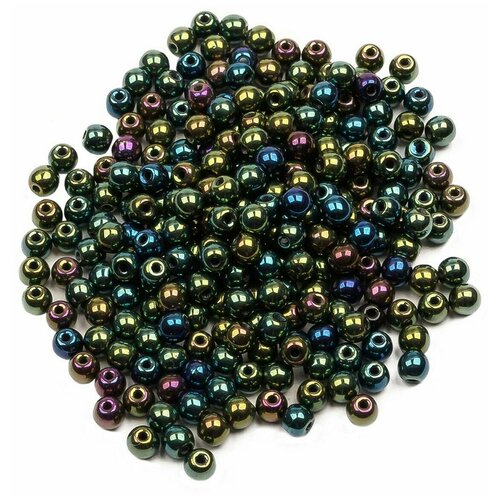 Стеклянные чешские бусины, круглые, Round Beads, 3 мм, цвет Jet Green Iris, 200 шт.