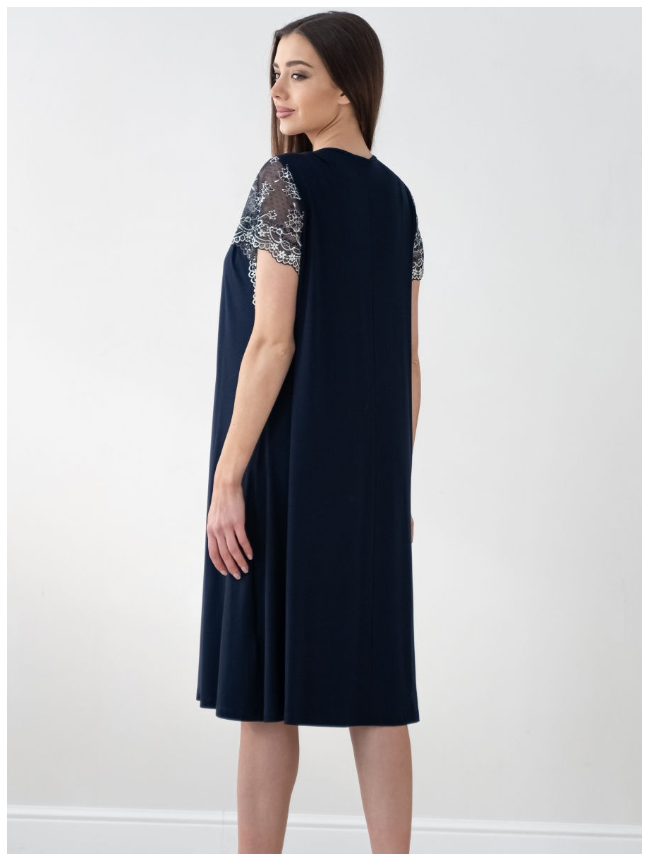 Женская ночная сорочка с рукавом и кружевом Федора, большой размер 52, темно-синий цвет. Текстильный край. - фотография № 4