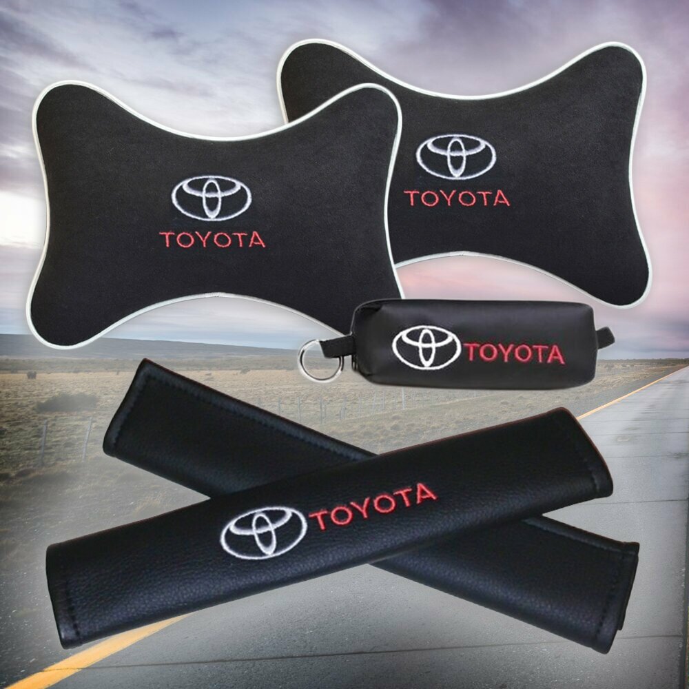 Подарочный набор автомобилиста из черного велюра для Toyota (тойота) (две подушки под шею на подголовник ключница и накладки на ремень безопасности)