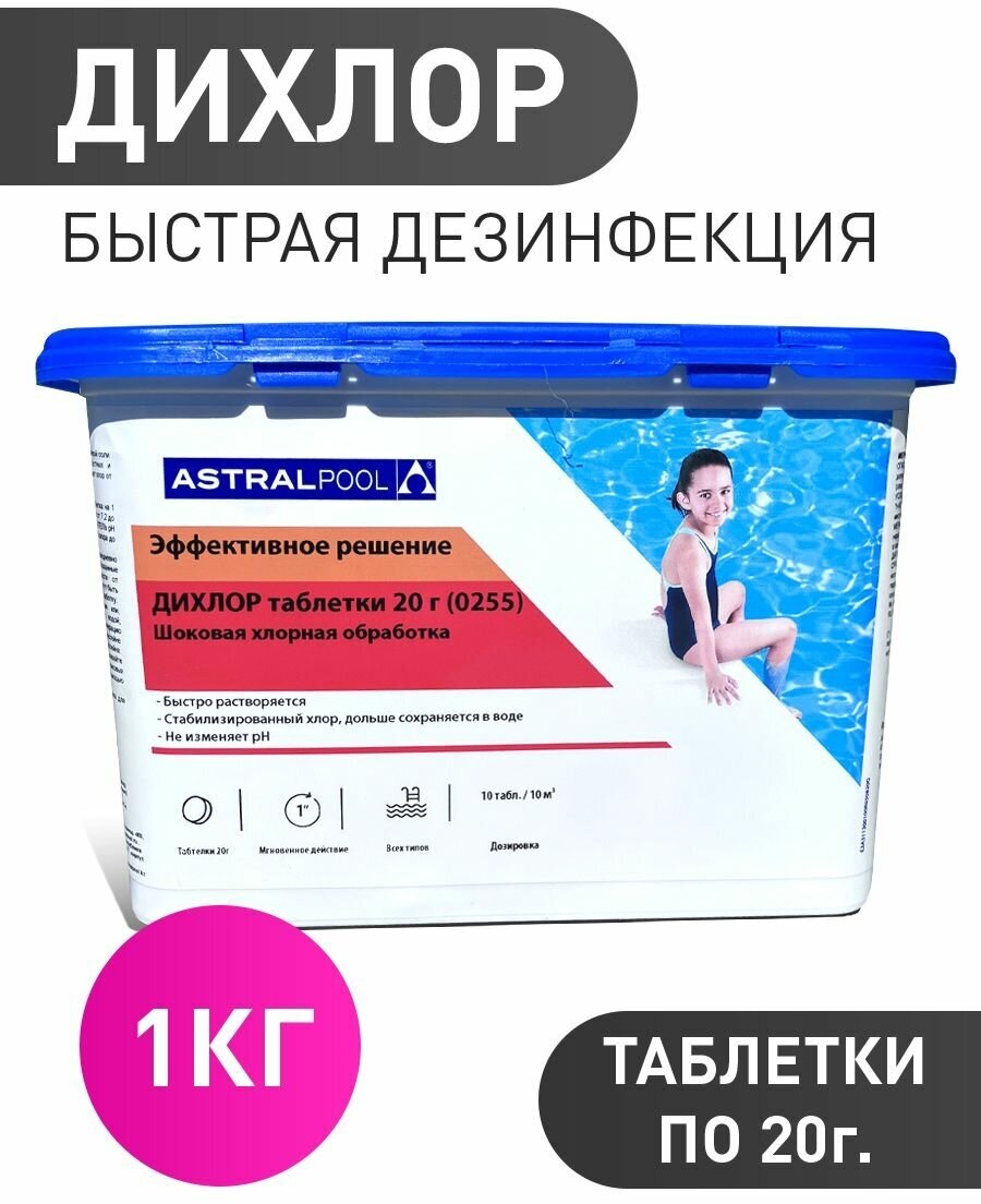 Дихлор (1 кг): Быстрорастворимые хлорные таблетки для бассейна по 20 гр. AstralPool (0255) - фотография № 1