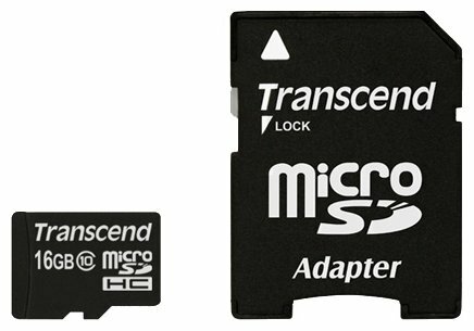 Карта памяти 16GB microSD, Transcend microSDHC Class 10 (SD адаптер)