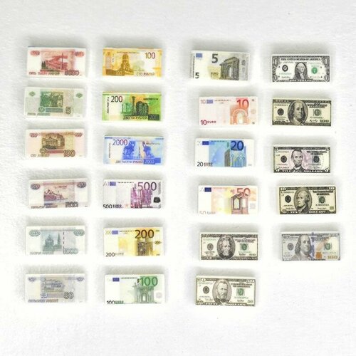 Деньги для лего города (рубли, доллары, евро), набор деталей 23 шт. с напечатанными изображениями
