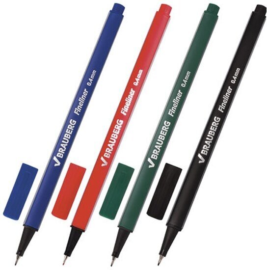 Ручки капиллярные Brauberg , набор 4 шт, ассорти, "Aero", трехгранные, металлический наконечник, линия письма 0,4 мм, 141524
