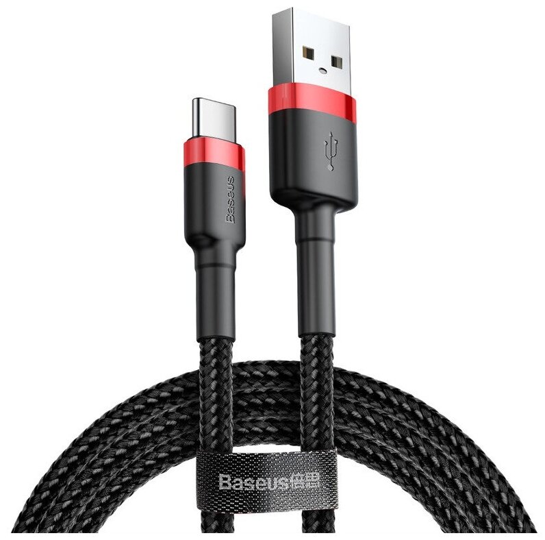 Кабель USB - Type-C Baseus Cafule, 1.0м, круглый, 3.0A, нейлон, цвет: чёрный, красная вставка