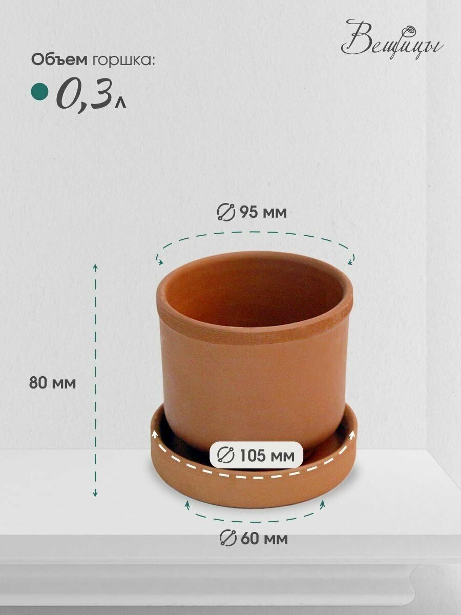 Керамический горшок ВеЩицы Терракот с подставкой / Горшок для цветов / Горшок для растений / 0,3л, терракотовый