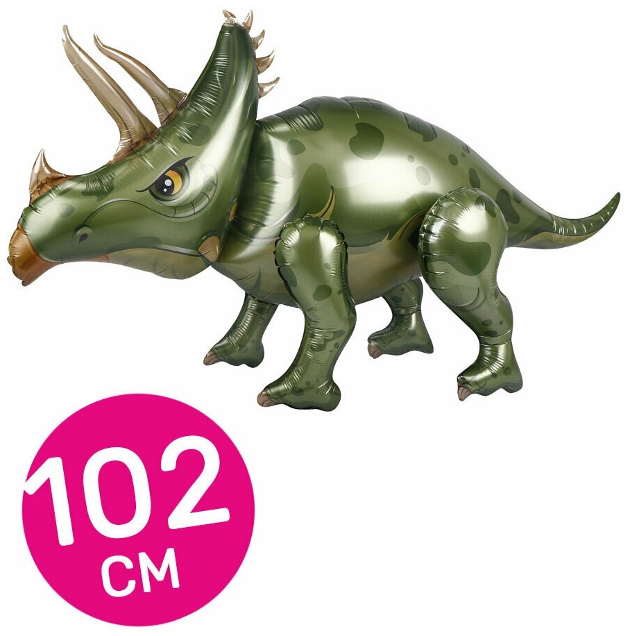Воздушный ходячий шар фольгированный Falali фигурный, Динозавр Трицератоп, зеленый, 102 см