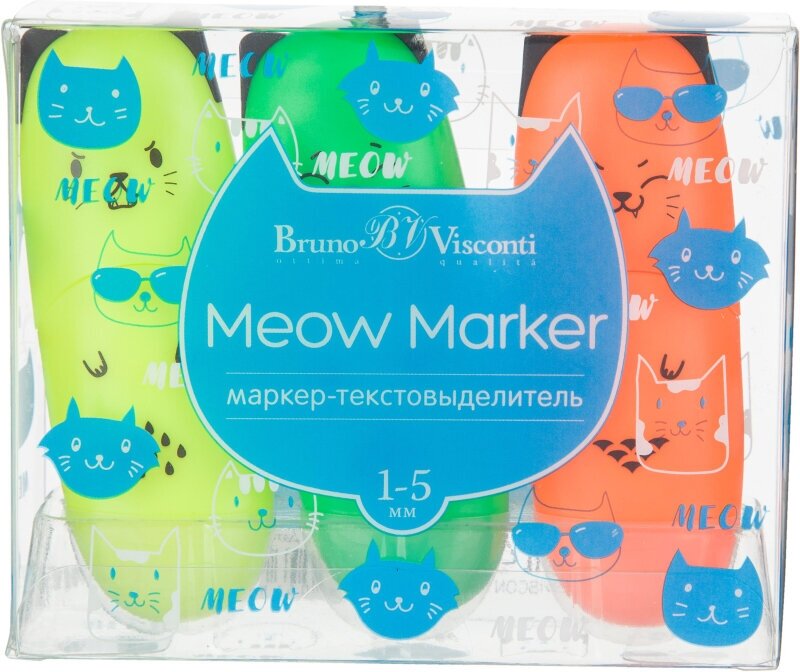 Набор текстовыделителей Meow Marker, 3 штуки, неон желтый, зеленый, оранжевый Bruno Visconti - фото №7