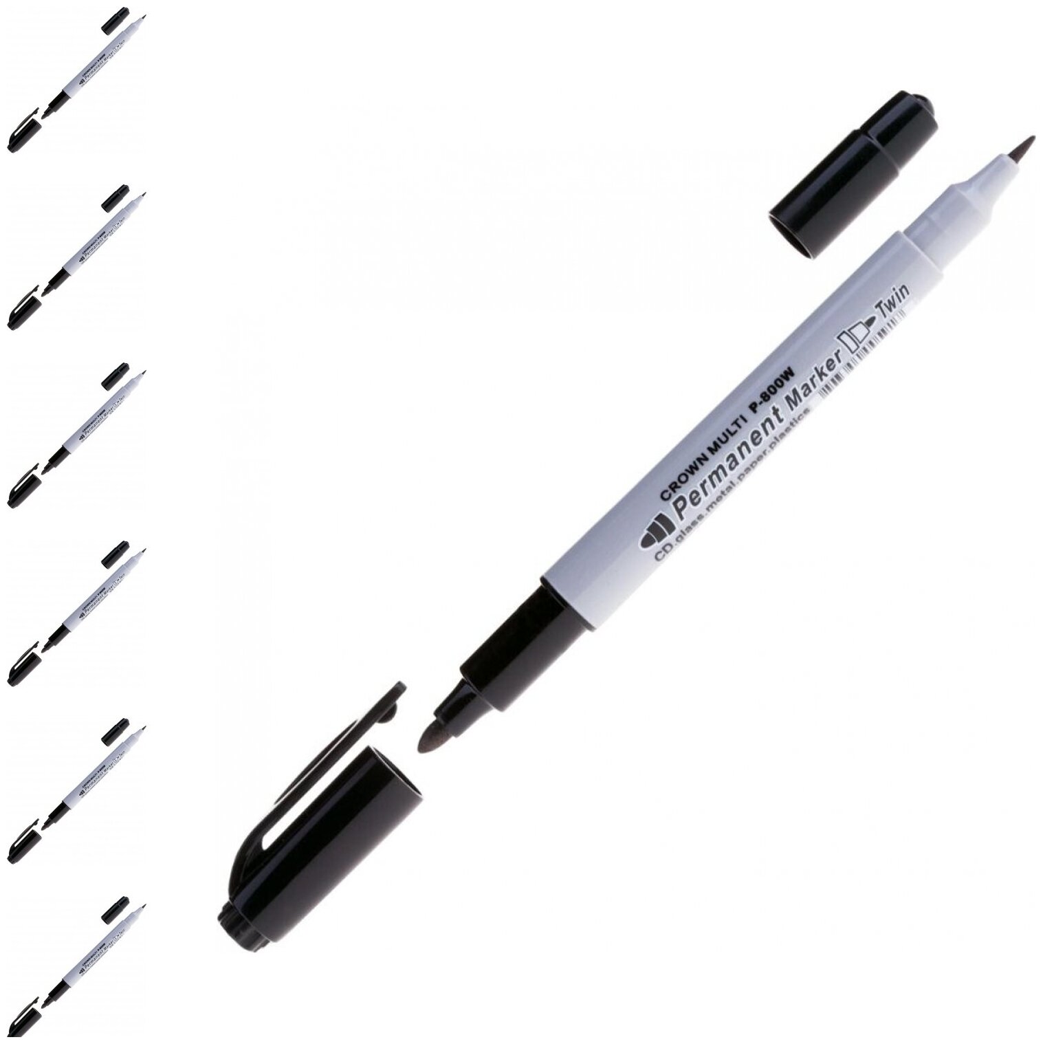 фото Маркер перманентный CROWN двусторонний "Multi Marker Twin", черный, скошенный наконечник, 2 мм/1 мм, P-800W, 6 шт.