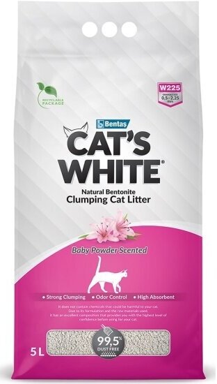 Наполнитель для кошачьих туалетов Cat's White Baby Powder комкующийся, бентонитовый с ароматом детской присыпки (5л)