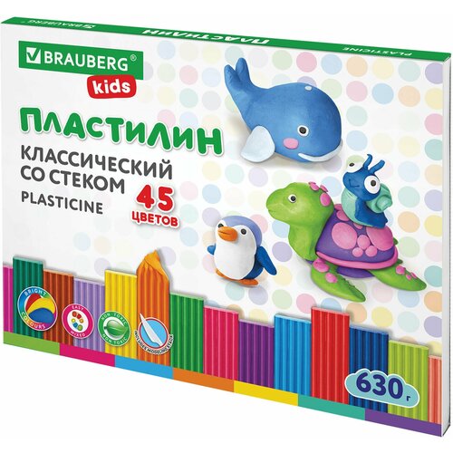 Пластилин классический BRAUBERG KIDS, 45 цветов, 630 г, стек, высшее качество, 106680