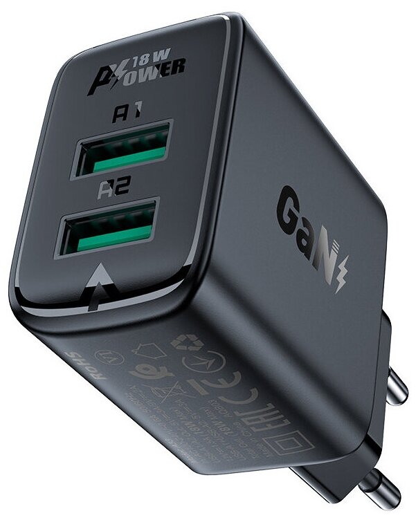 Сетевое зарядное устройство ACEFAST A33 Dual port Charger, QC18W, USB-A + USB-A, Черный