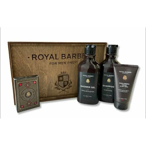 Подарочный набор ROYAL BARBER в ящике (гель для душа, шампунь, крем для лица, карты игральные) ROYAL BARBER (роял барбер)