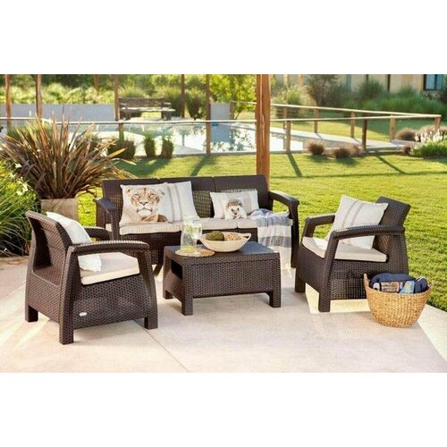 Комплект садовой мебели Lounge balcony set MAX ( Венге ) под ротанг для дачи, Комфортный Трёхместный Диван, 2 Кресла, 1 столик для напитков, пластик
