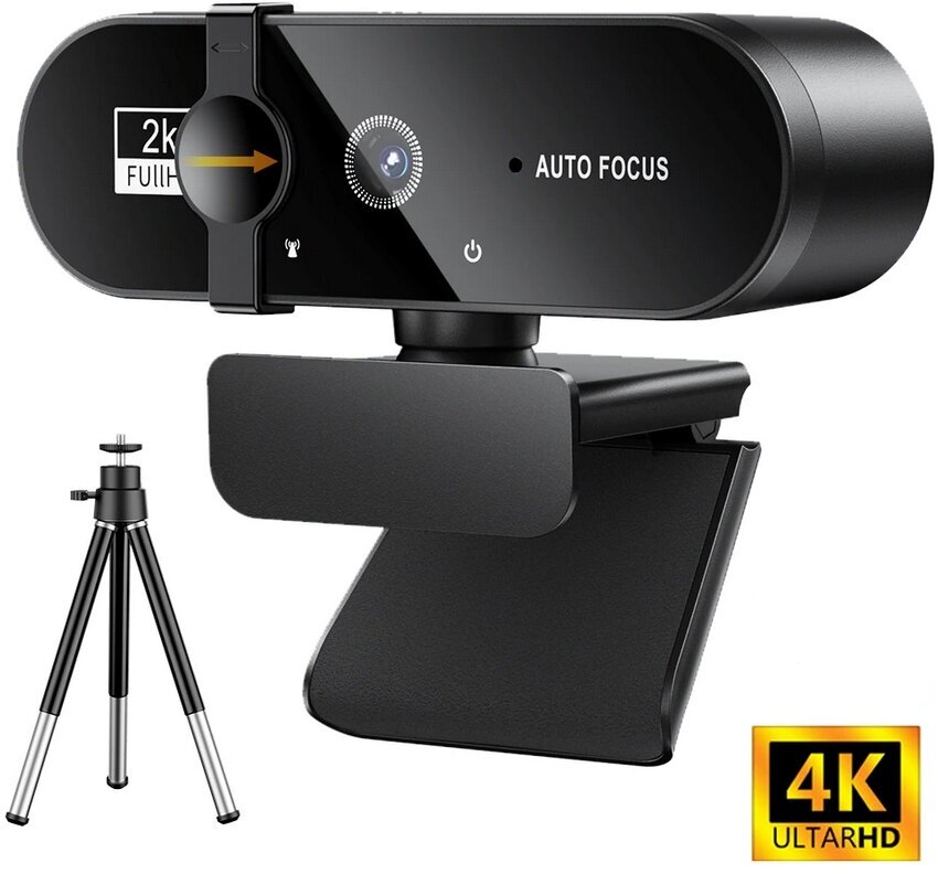 Веб-камера 4K c автофокусом, микрофоном, штативом и шторкой на объективе