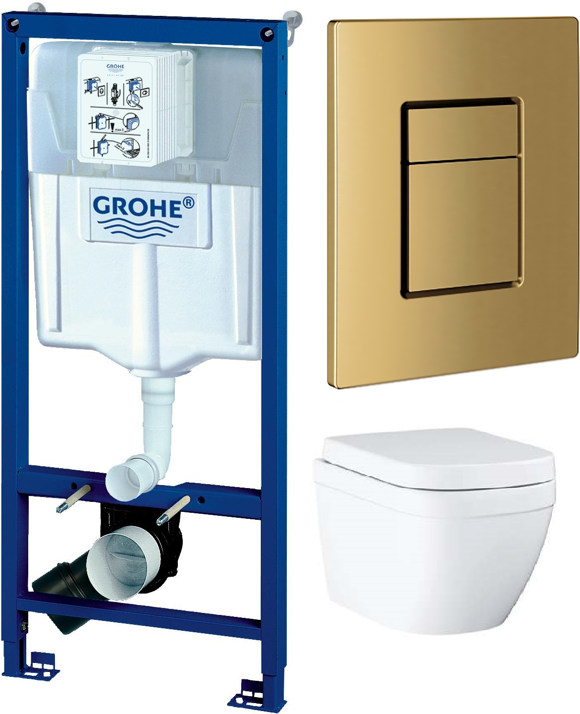 Готовый комплект: Инсталляция Grohe с золотой клавишей матовая 38732GNO + Унитаз подвесной Grohe Euro Ceramic с сиденьем