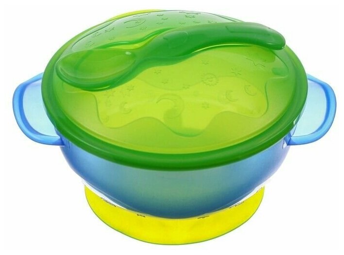 Набор посуды для кормления: миска на присоске с крышкой, ложка, цвет голубой