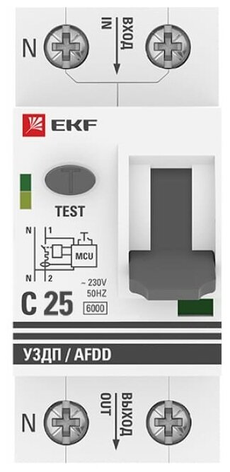 Устройство защиты от дугового пробоя (уздп) 1P+N C 25А 6кА с авт. выкл. PROxima EKF afdd-2-25C-pro