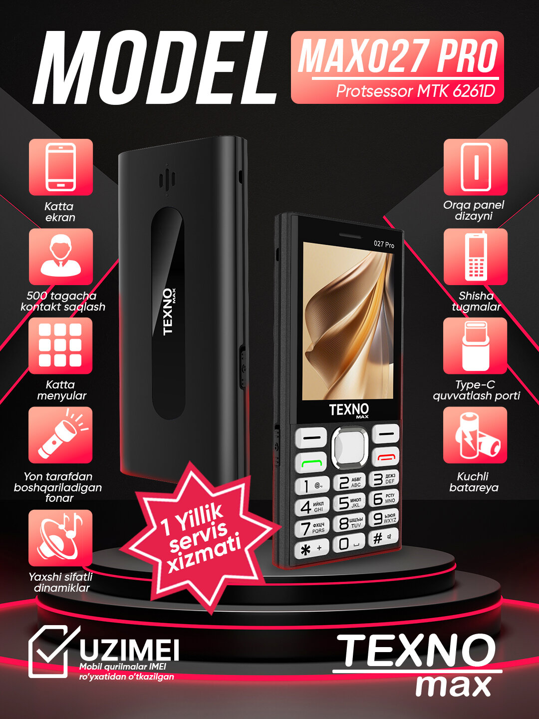 Телефон Texnomax "Max 027 Pro", кнопочный, Bluetooth, 2.8", TexnOS