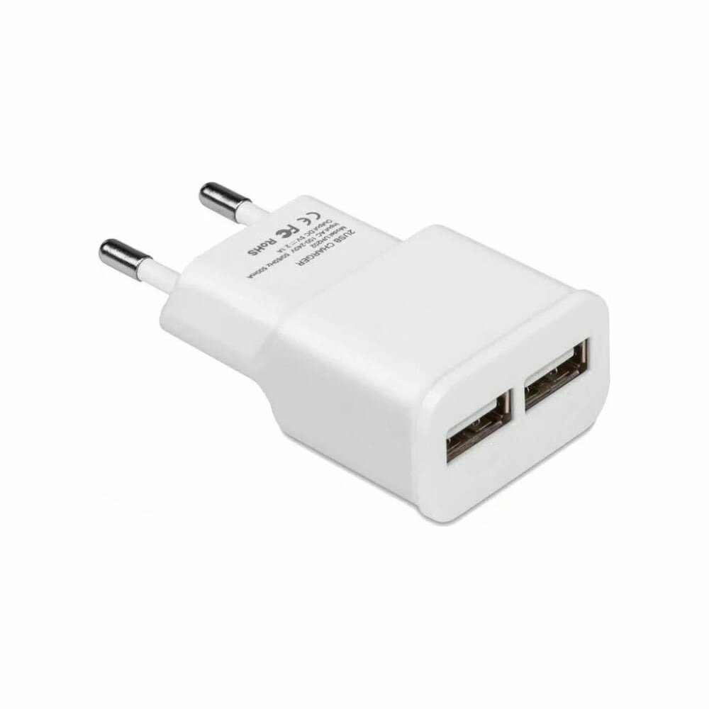 Зарядное устройство сетевое ударопрочный корпус 2 USB-разъёма белое