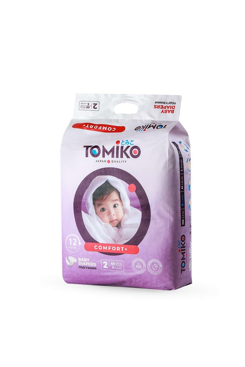Подгузники Tomiko Comfort+, S для малышей, унисекс, 4-6 кг, 68 шт.