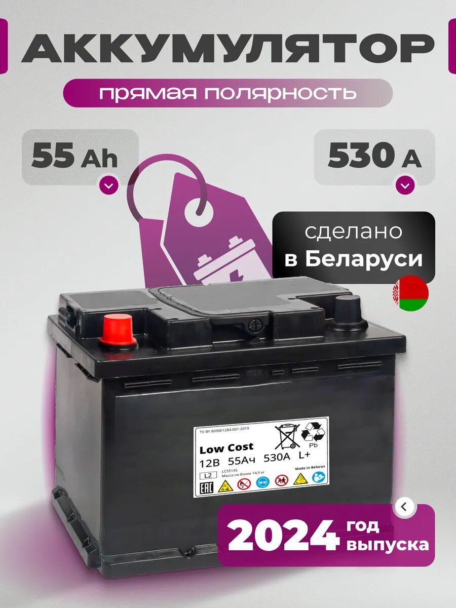 Аккумулятор автомобильный 55 Ач 530 А прямая полярность