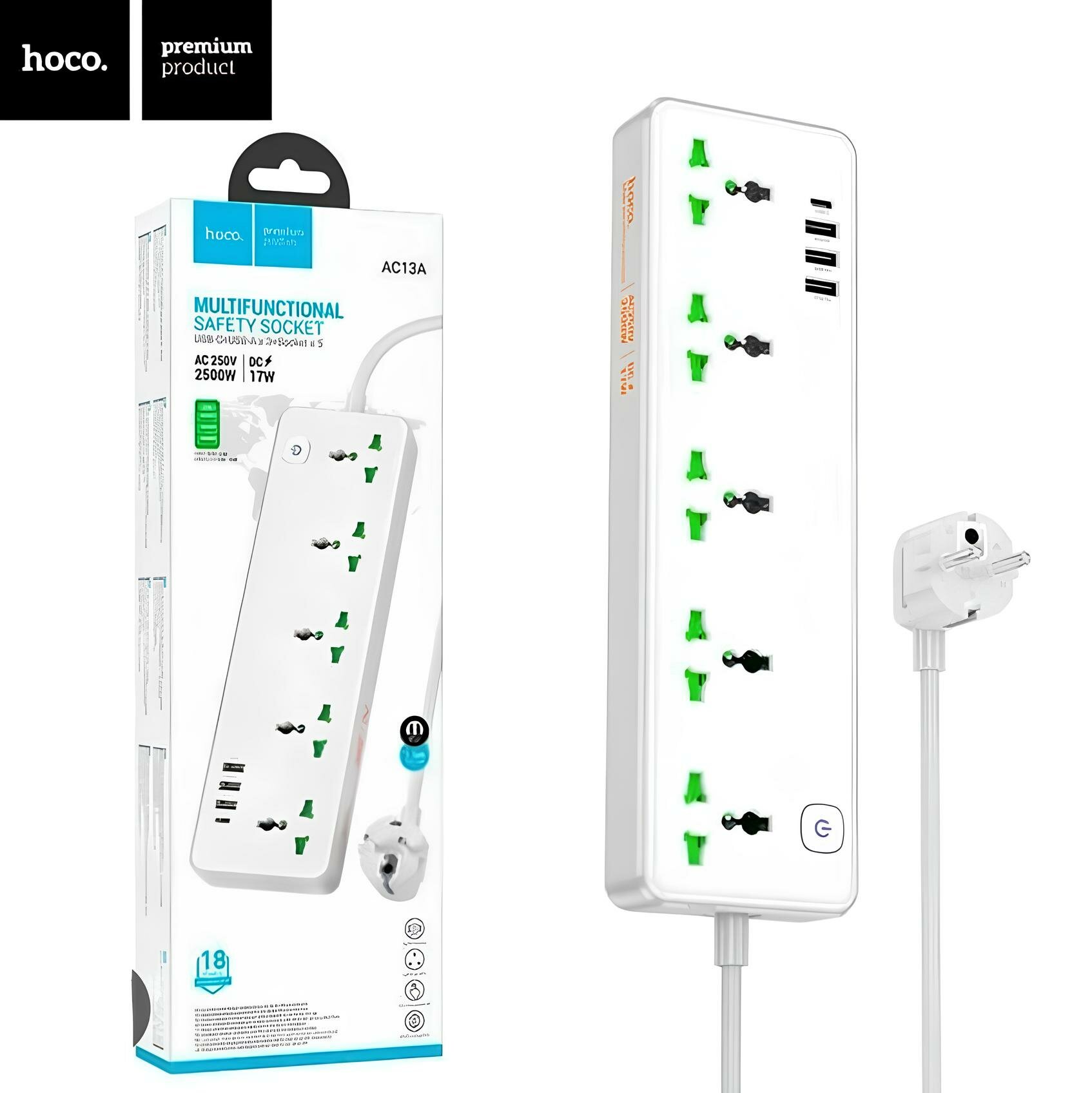 Сетевой фильтр «HOCO AC13A» с 5 розетками и 4 USB 1.5 м белый для безопасной зарядки