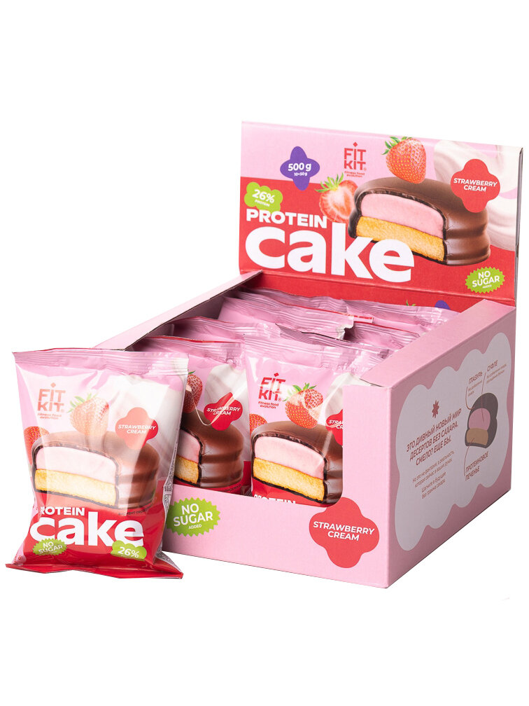 Протеиновое пирожное печенье без сахара FIT KIT Protein Cake - 10х50 г клубника со сливками