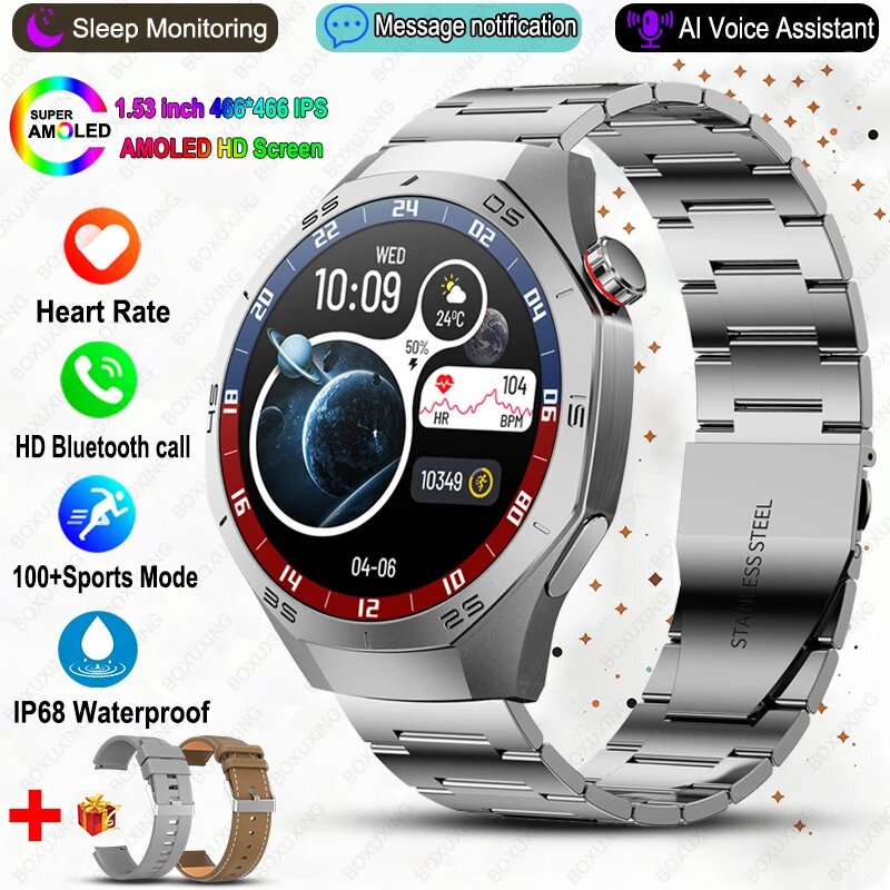 Новые умные часы GT 5 Pro для мужчин для Huawei HD AMOLED Экран GPS Траектория движения Сердечный ритм Bluetooth Вызов Спортивные умные часы IP68, Silver steel belt