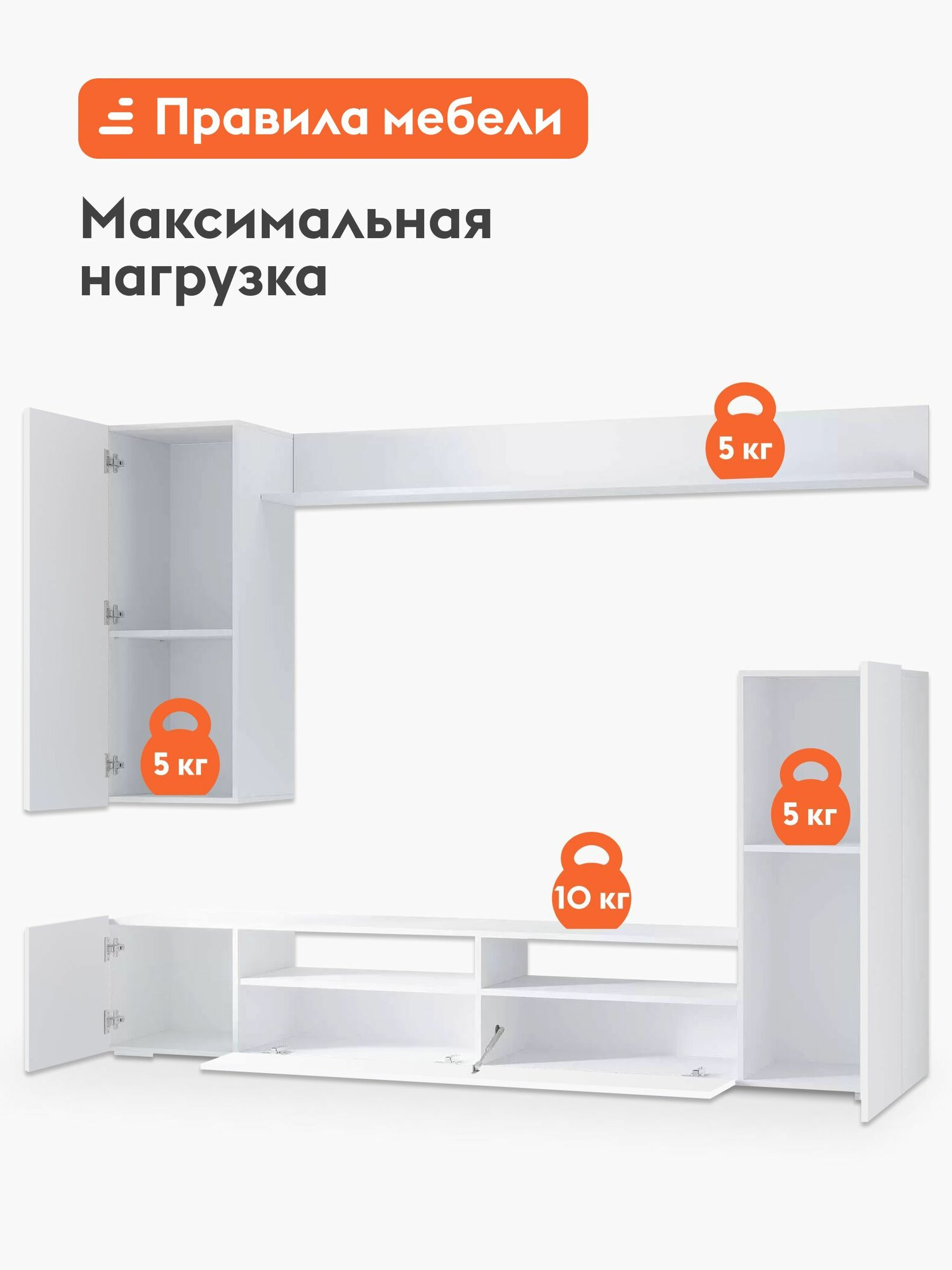 Гостиная комплект Астория с тумбой под ТВ, полкой, шкафами, 213х37,1х168 см, Белый / Белый глянец — фото 1