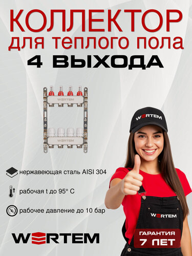 Изображение товара Коллектор для теплого пола на 4 выхода с расходомерами WERTEM