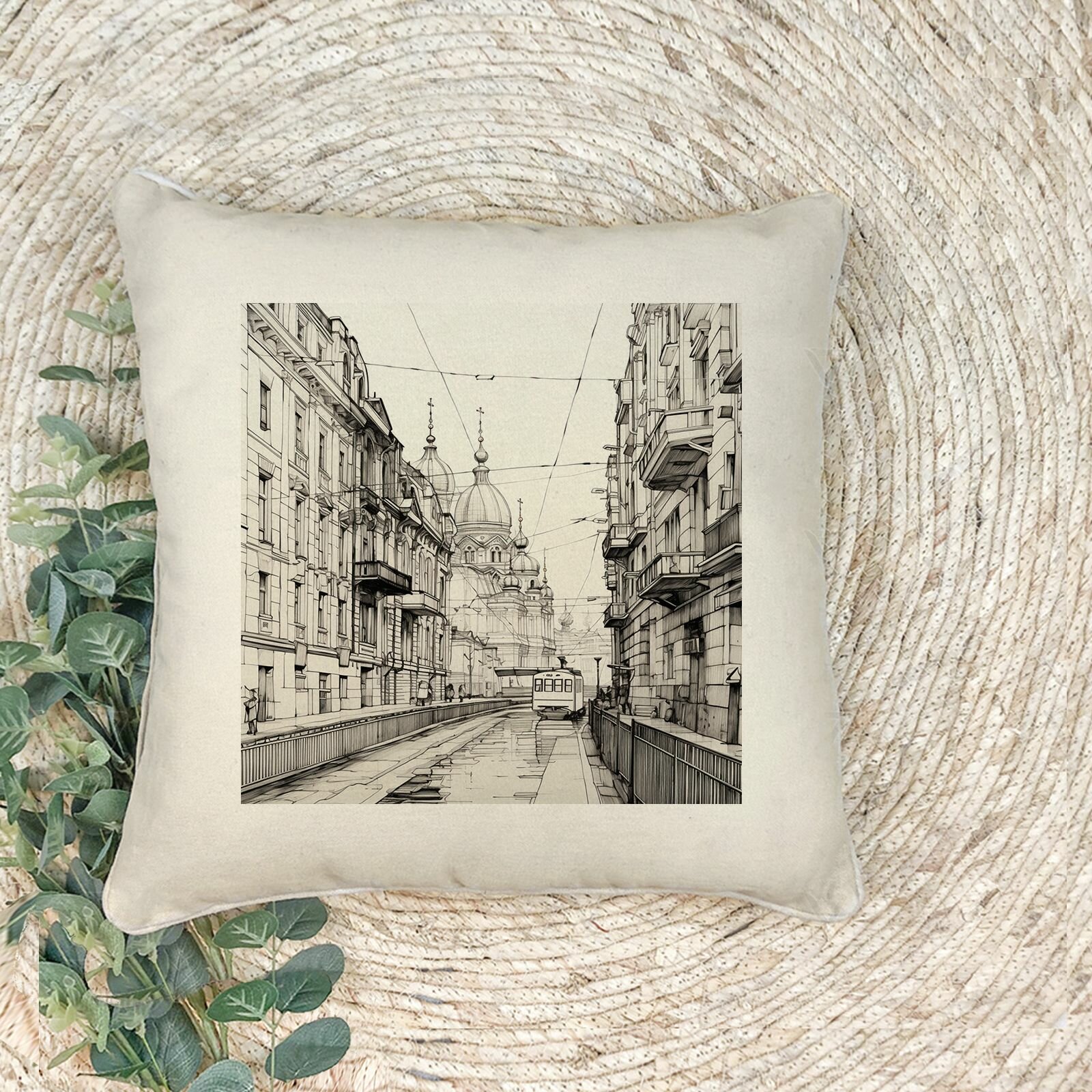 Наволочка для декоративной подушки "Набросок чертежа улочки", 41*41 см, эко-ткань хлопок/полиэфир, 1 шт.