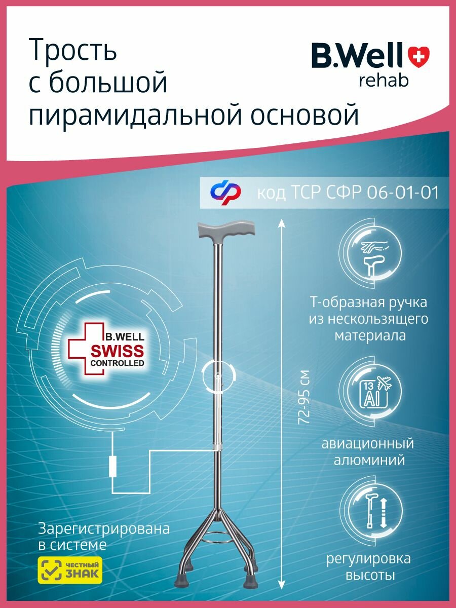 Трость опорная BWell WR421 для пожилых людей для ходьбы ортопедическая с большой пирамидальной опорой