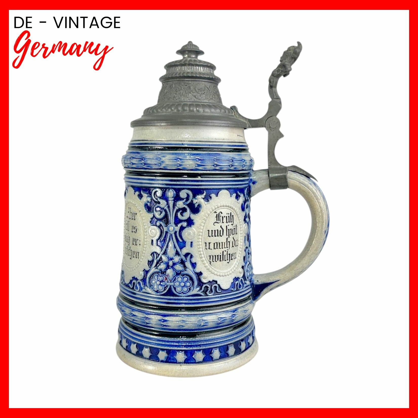 Пивная кружка с оловянной крышкой Лютнист, кракелюр. Германия