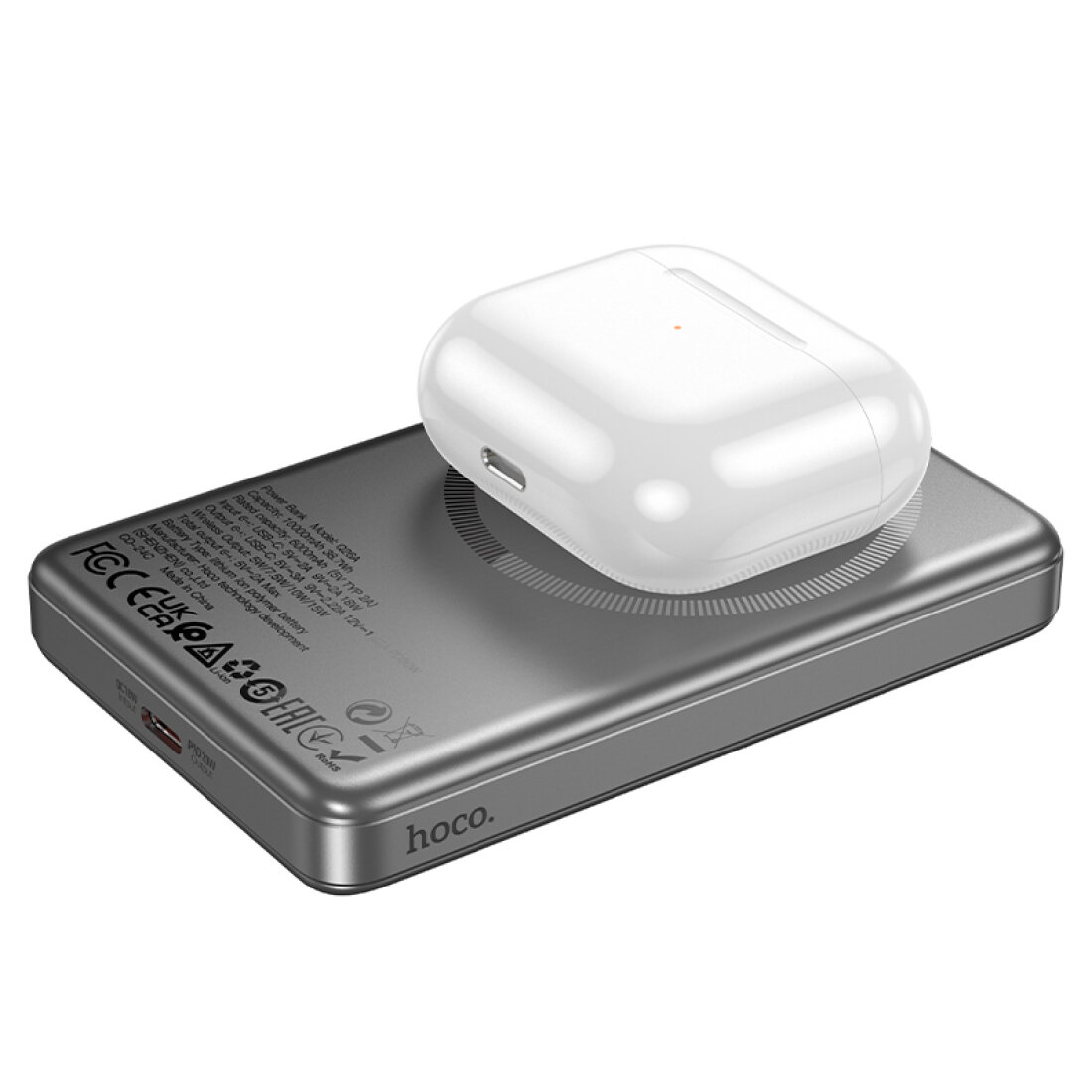 Универсальный Доп. Аккумулятор 10000mAh, Q26A, HOCO, 1 PD 20W, беспроводная зарядка (MagSafe), металлический серый — фото 1